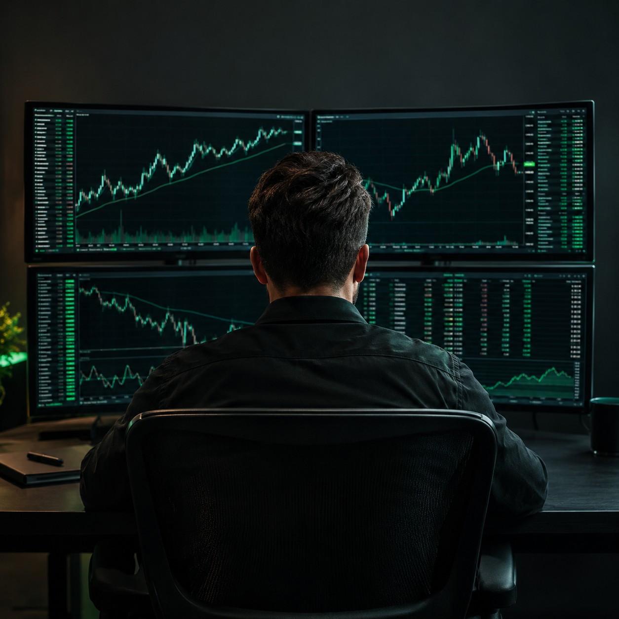 Professional forex trader at a multi monitor desk viewing currency charts seen from behind